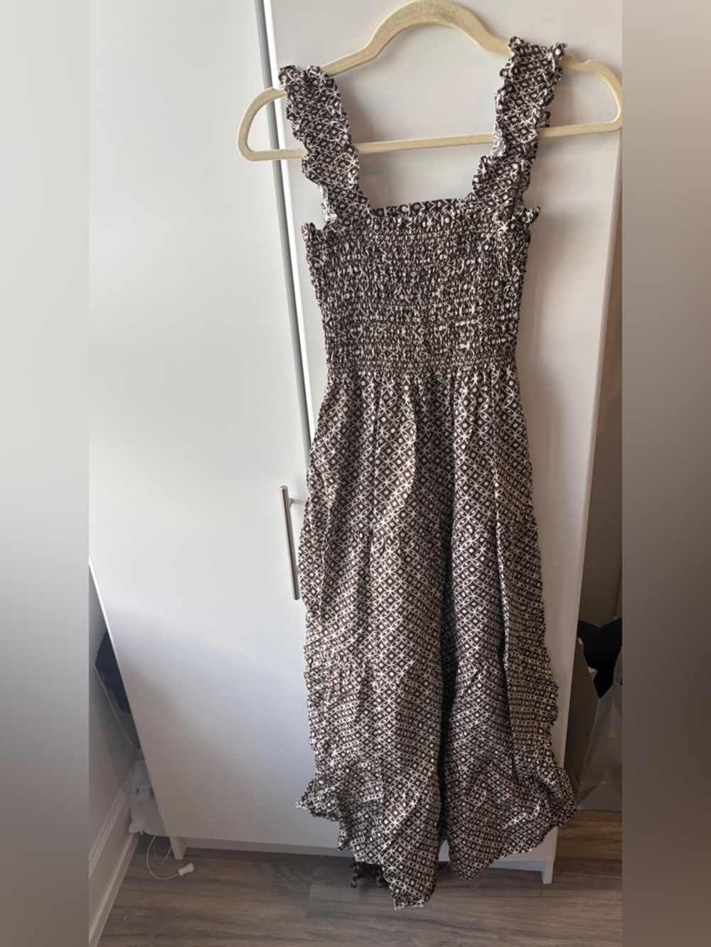 Hill House Kimmy Maxi Dress in Brown and White Geometric Print